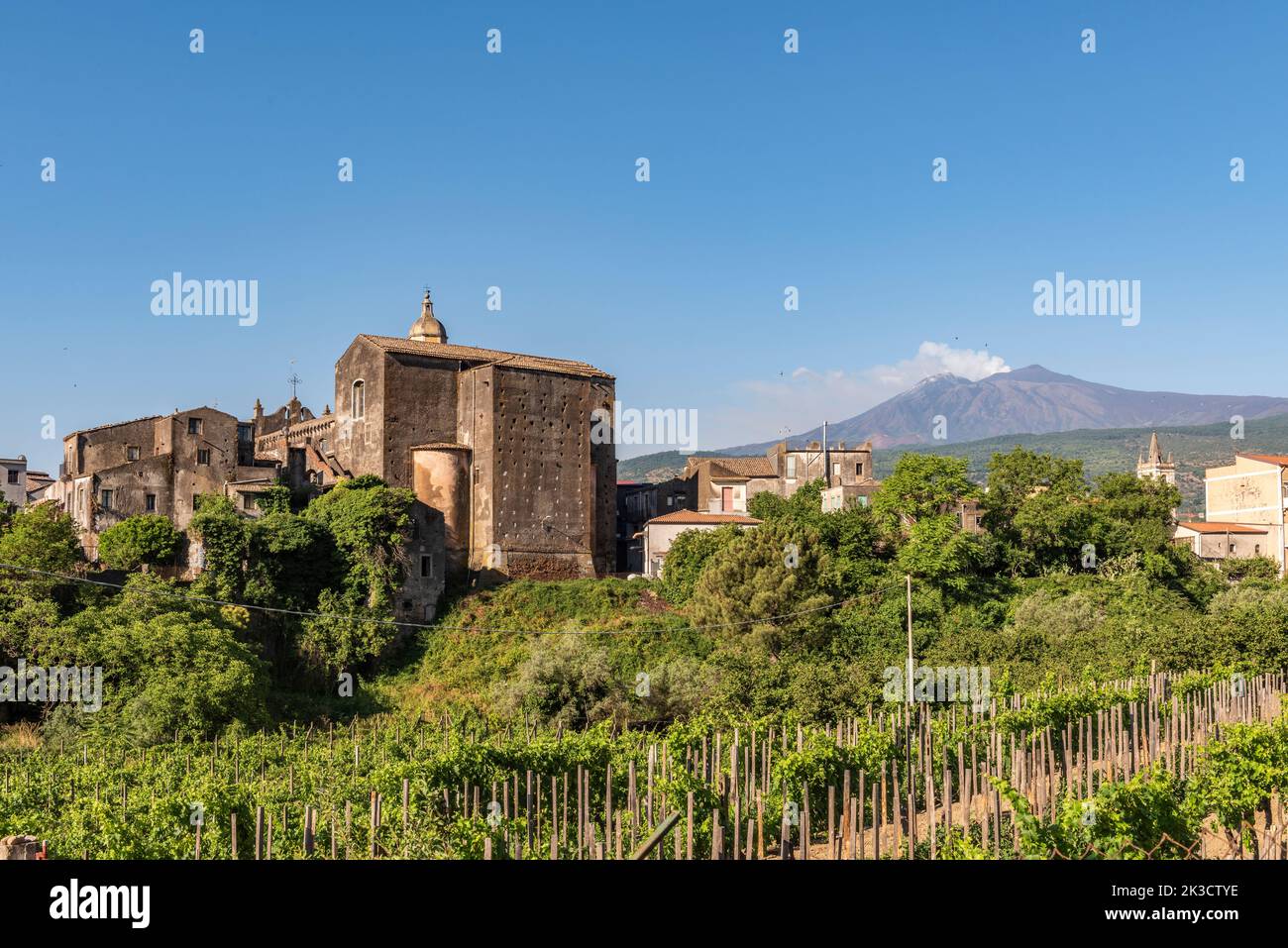 The small town of Linguaglossa perched high on the northern slopes of Mount Etna, Sicily, Italy Stock Photo