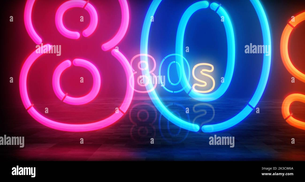 80s neon symbol. Retro 1980, eighties nostalgia and vistage party style light color bulbs. Abstract concept 3d illustration. Stock Photo