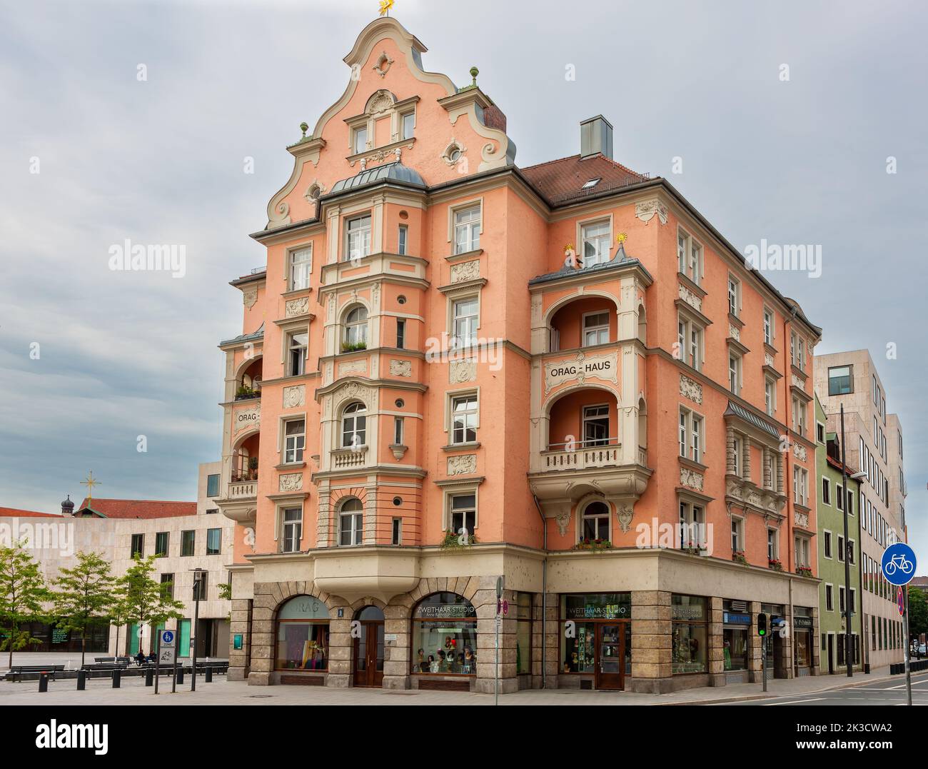Munich, Germany - July 4, 2011 : ORAG-Haus, historic house in Munich Old Town. Repaired after World War Two, now a monument of Bavaria. Stock Photo