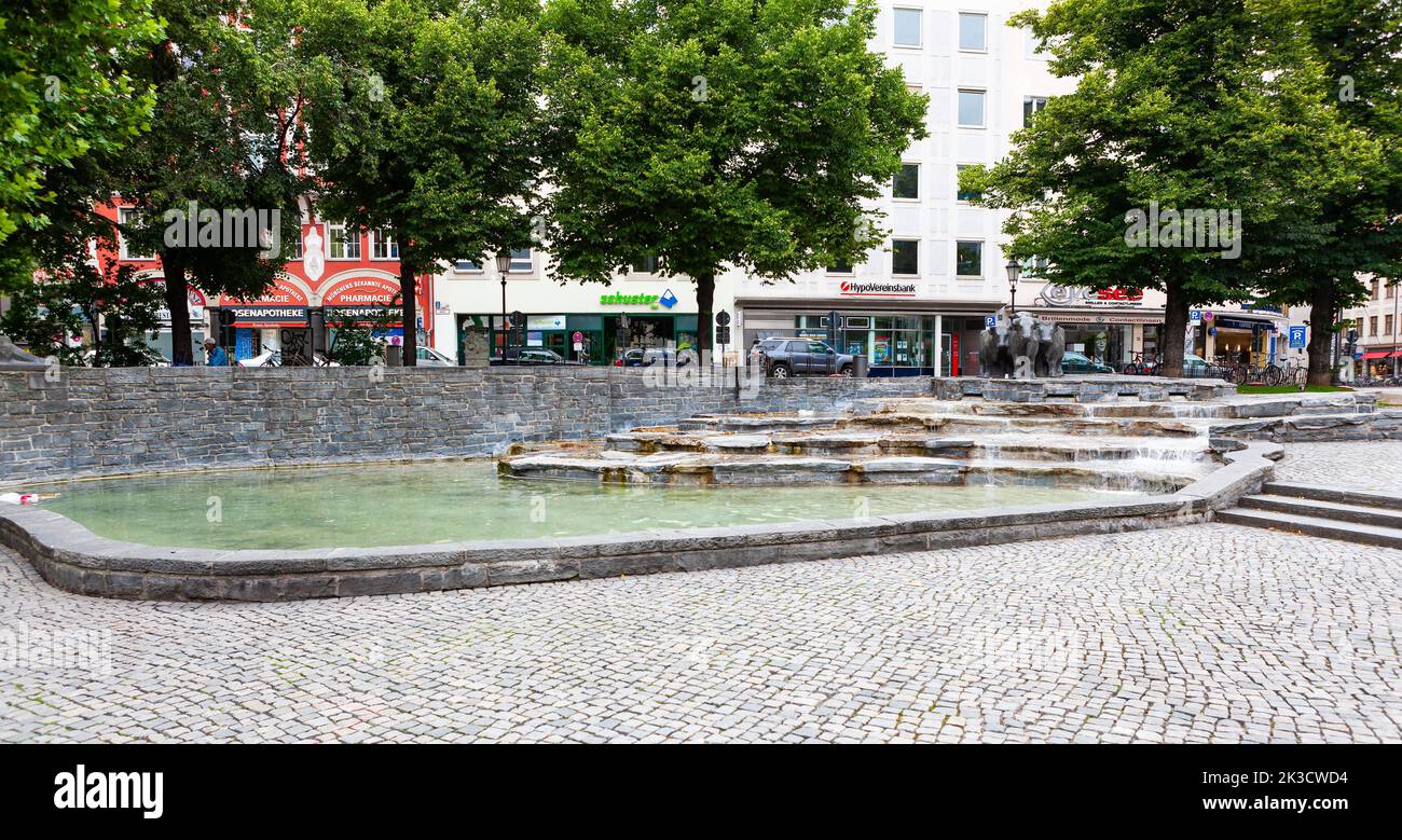 Munich, Germany - July 4, 2011 : Rindermarkt - Brunnen. Rindermarkt fountain in a public square along Rindermart (street). Stock Photo