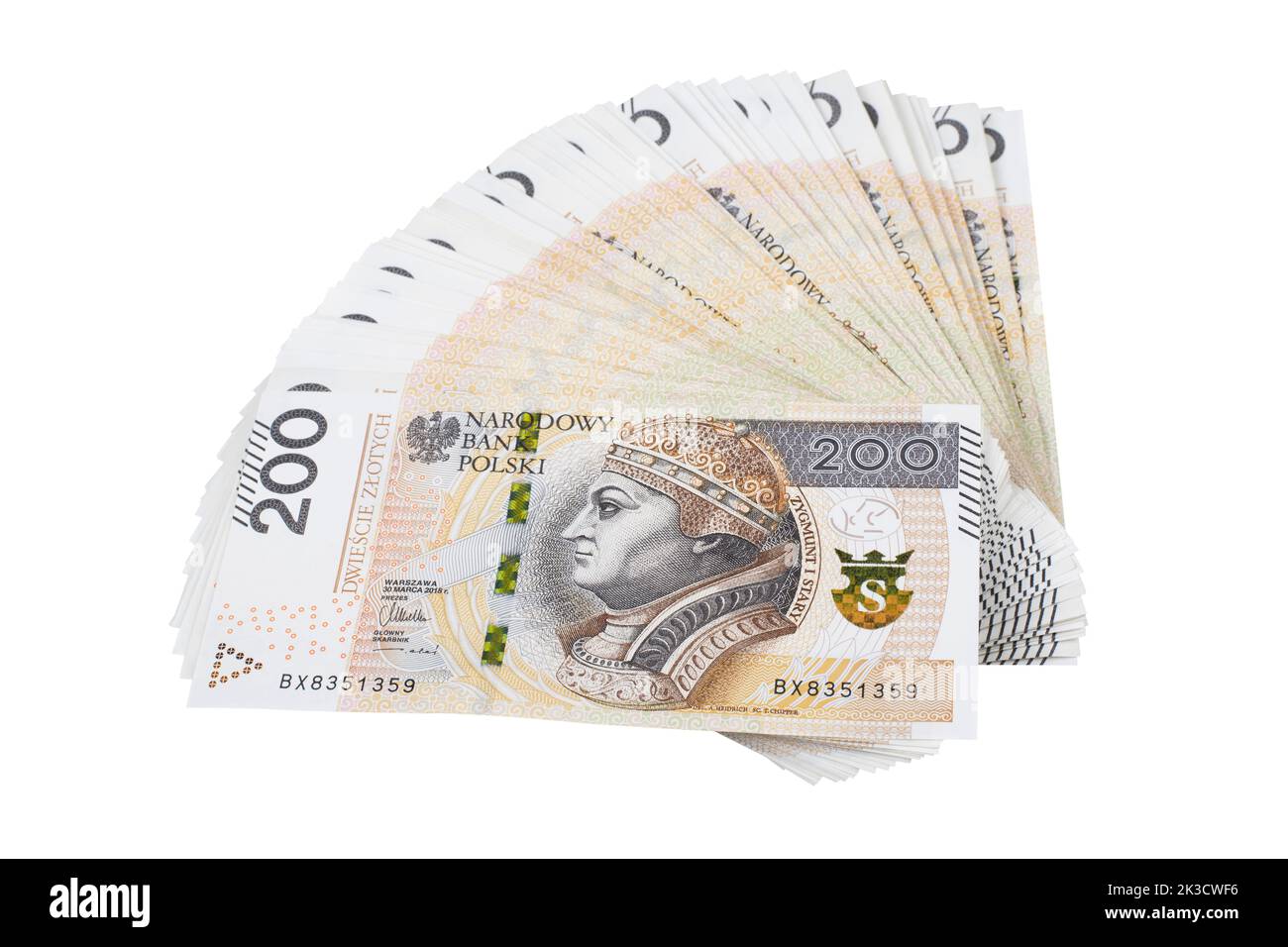 Bundle of polish 200 zloty banknotes. Isolated on white. Clipping Path included. Stock Photo