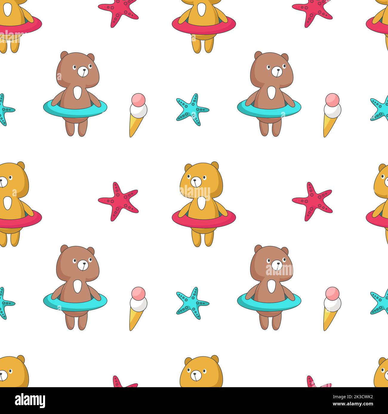 Summer seamless pattern. Vector hand drawn funny bears, ice cream cones and starfishes. Stock Vector