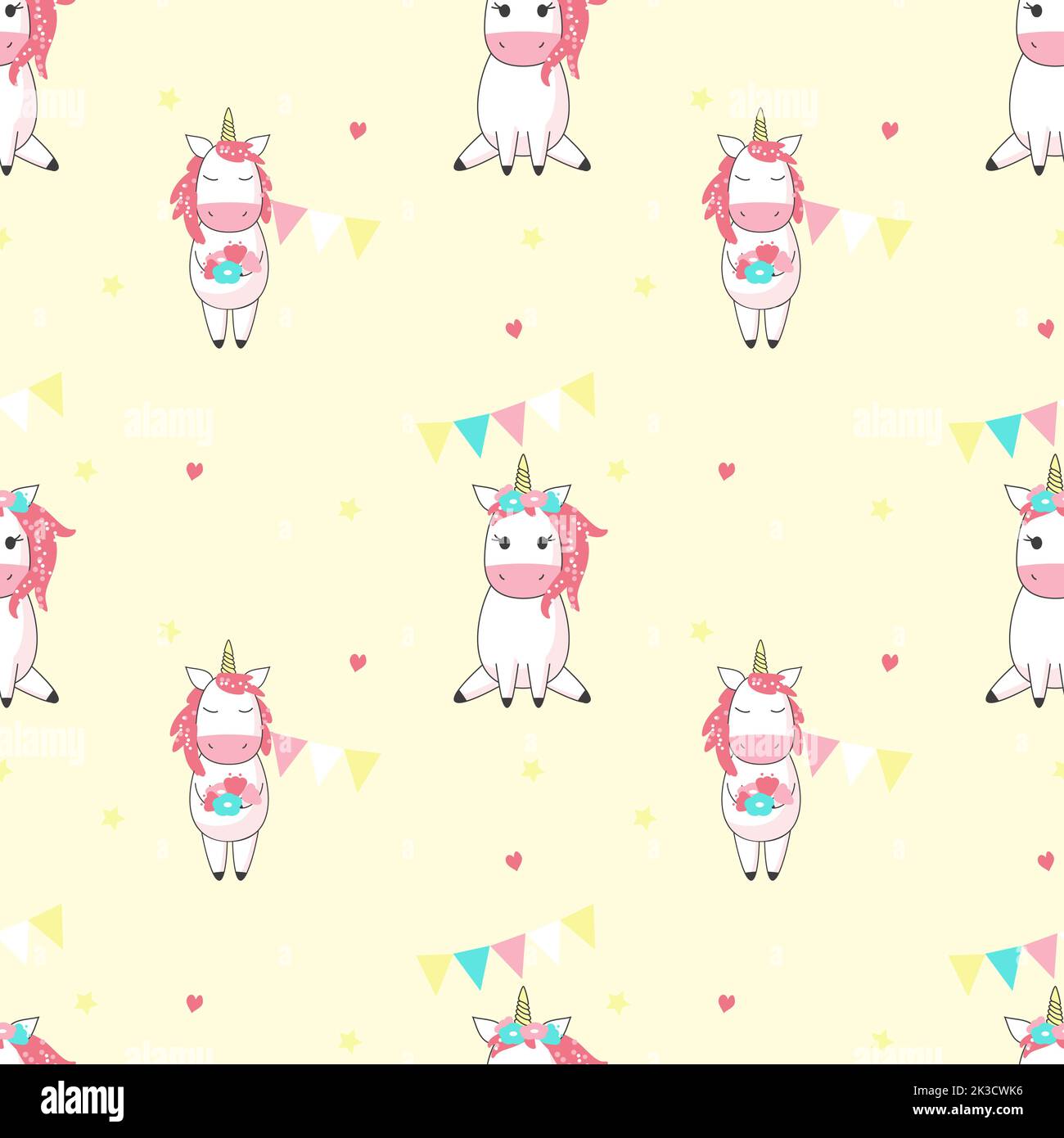 Magic unicorn seamless pattern. Vector hand drawn unicorns with hearts ...