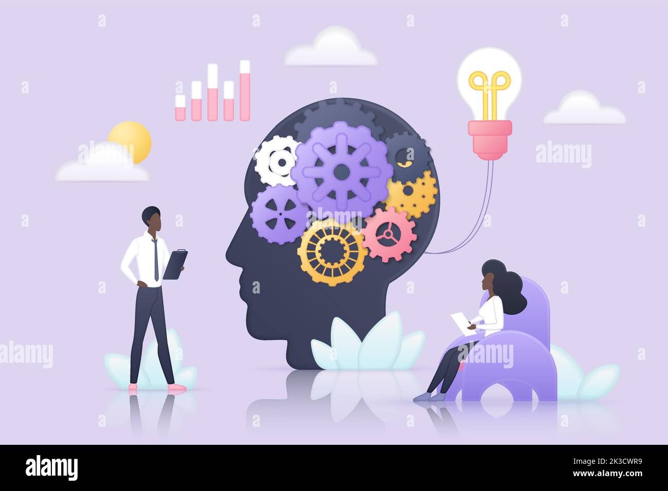 Effective idea development, mind growth and learning experience vector illustration. Tiny people engineering cog machine in human head with gears in brain, self education and research process Stock Vector