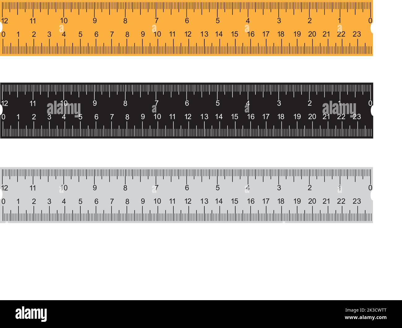 A digital illustration of a set of different colored rulers on a white ...