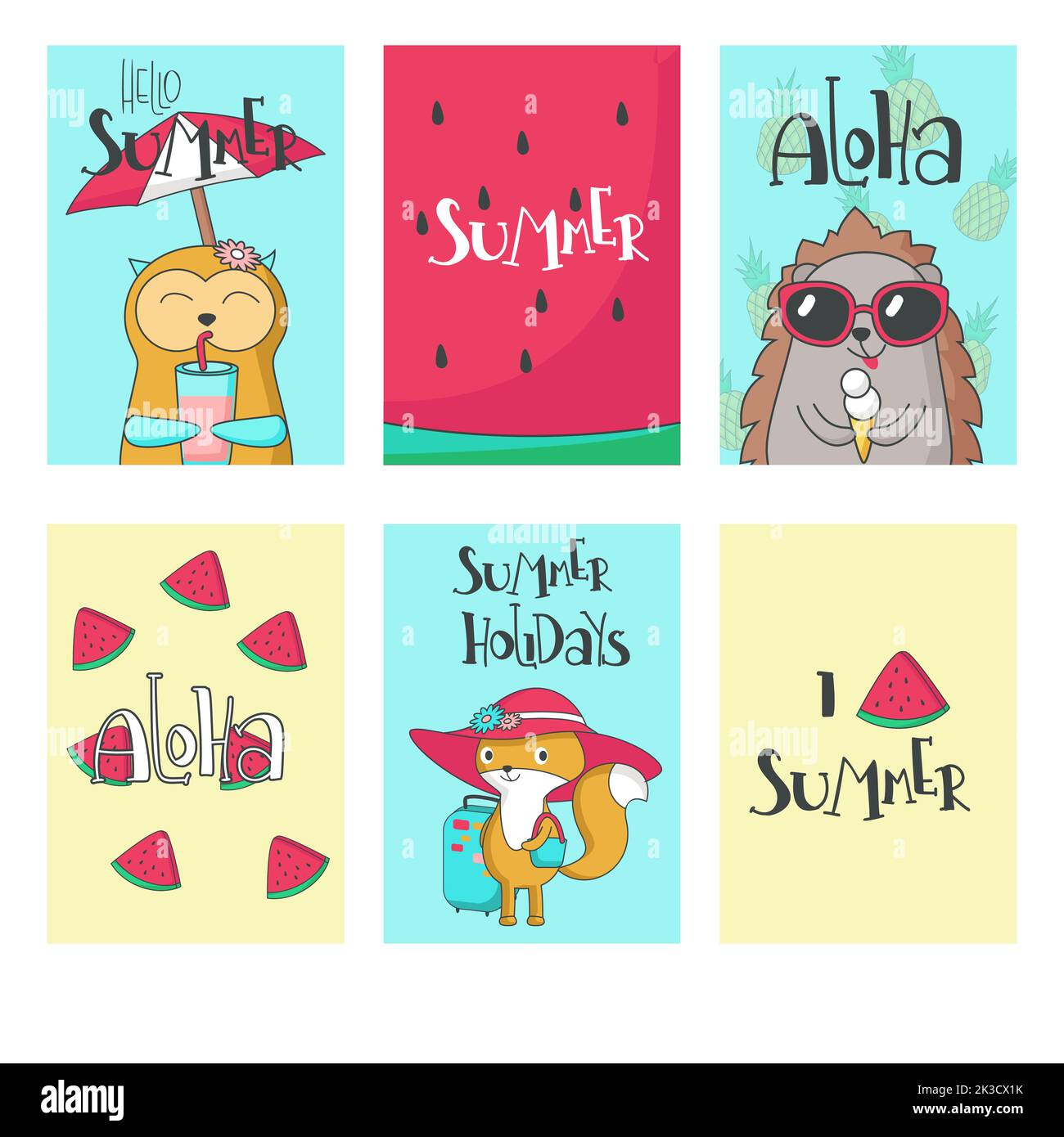 Summer card set, vector hand drawn illustration. Hello summer, aloha, I ...