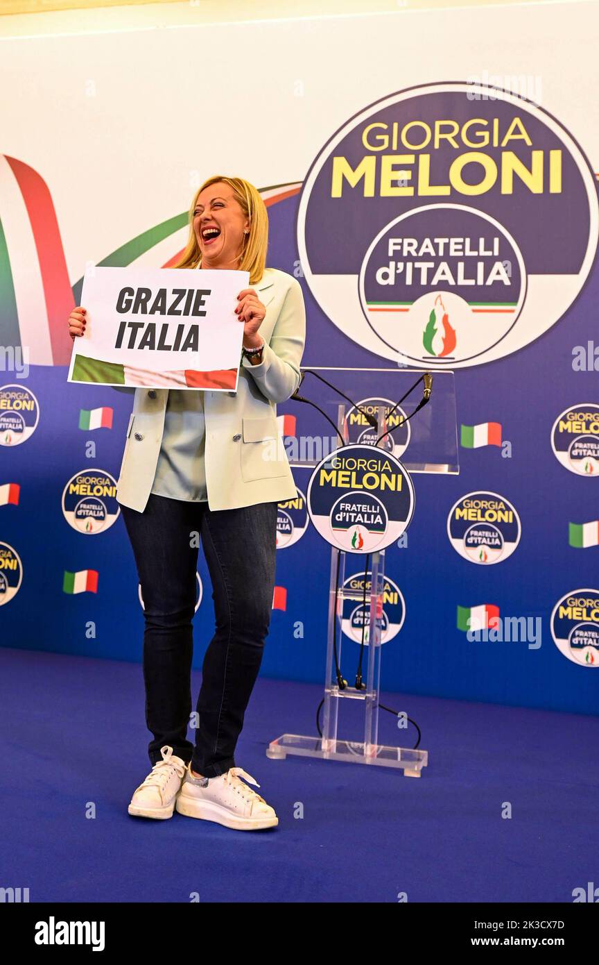 Italy, Rome, September 26, 2022 : Political elections 2022 Victory of Fratelli d'Italia party (Brothers of Italy). In picture the leader Giorgia Meloni exults for the victory of her party.   Photo © Francesco Iovine/Sintesi/Alamy Live News Stock Photo