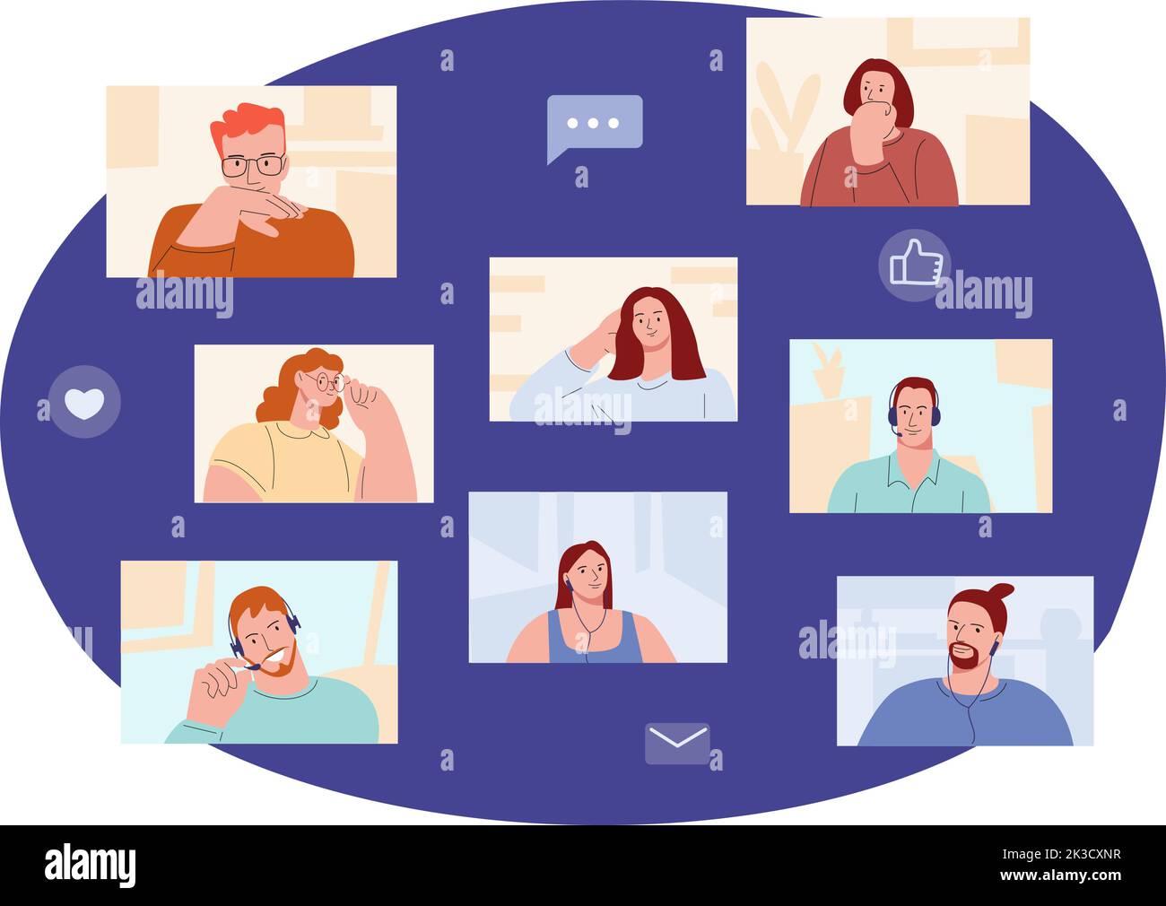 Online video conference or chatting. Corporate digital call, office people remote meeting. Freelance colleagues, interview or internet live streaming Stock Vector