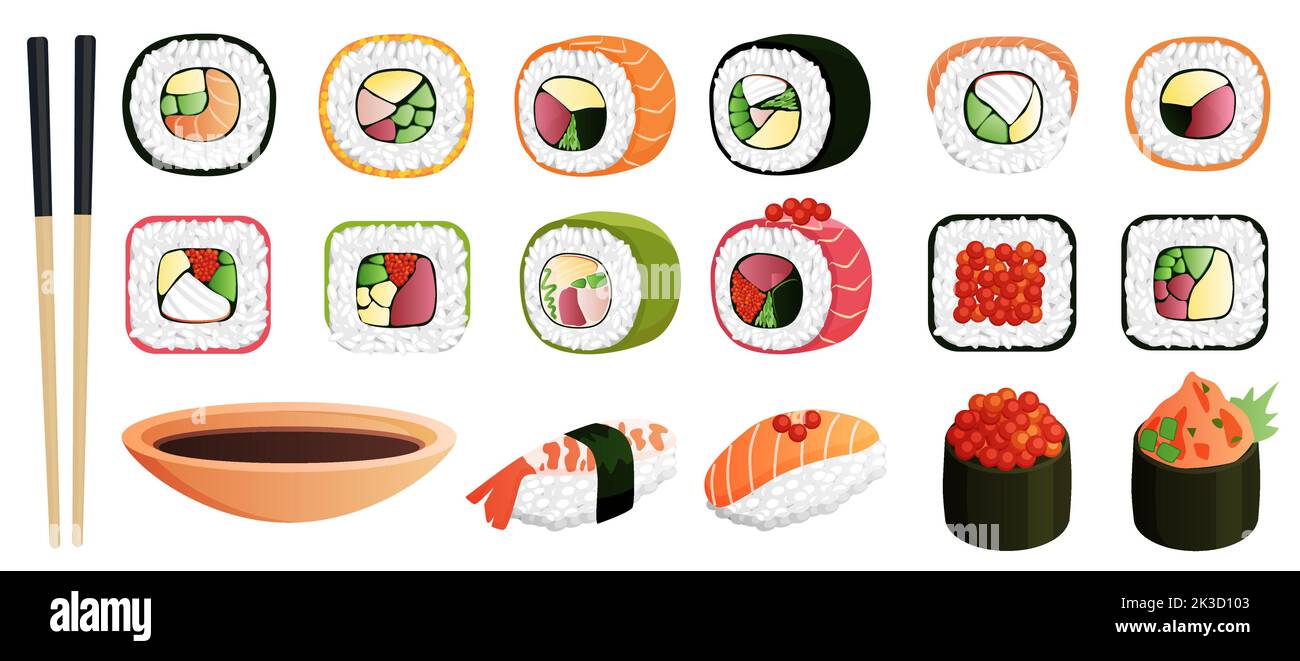 Sushi, Japanese restaurant menu vector illustration. Cartoon isolated Asian food, bamboo chopsticks and gourmet sashimi, rolls, maki and nigiri with rice and shrimp, salmon and tuna, caviar and nori Stock Vector