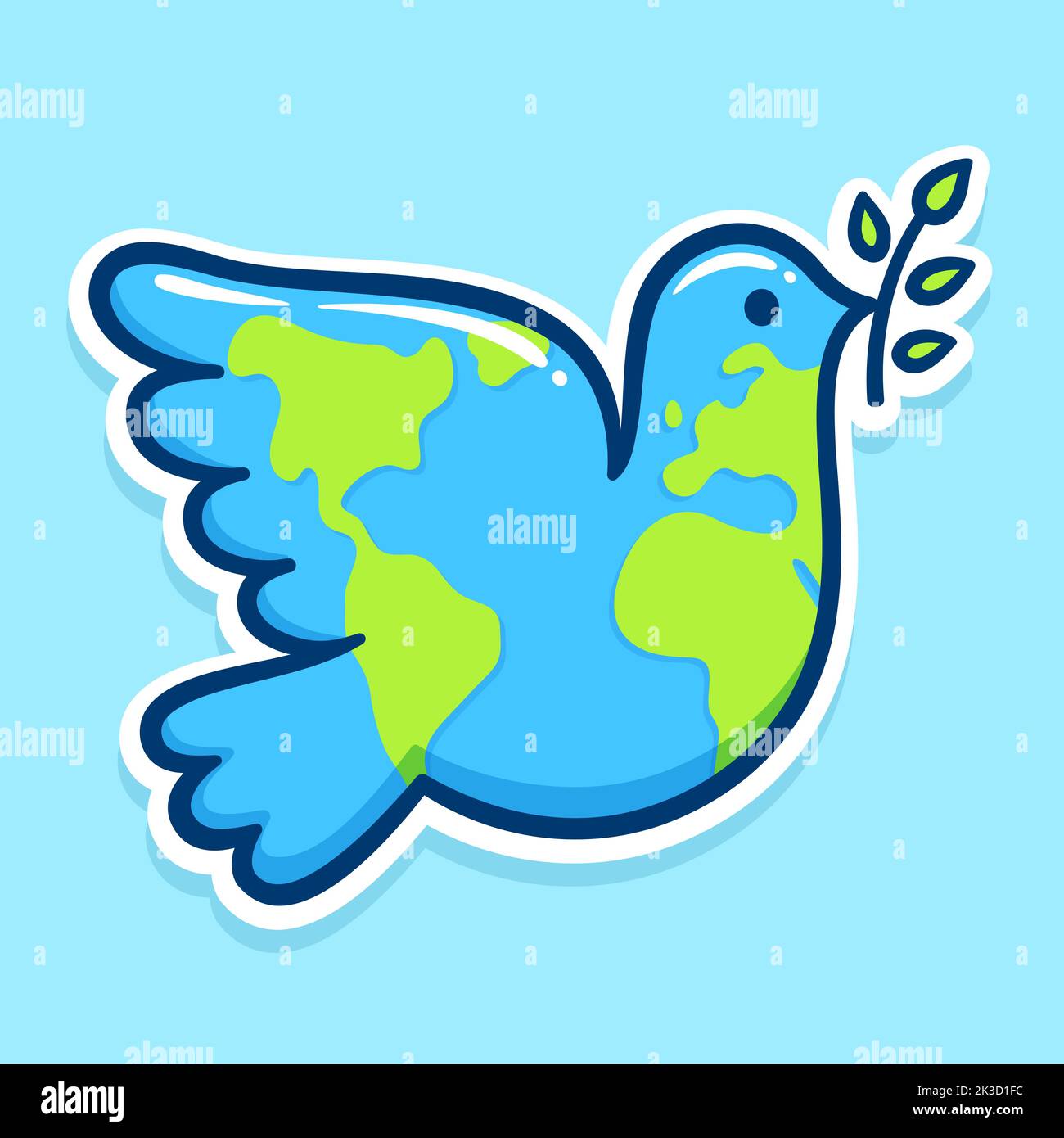 Dove of peace with planet Earth design and olive branch. Cute cartoon vector illustration. Stock Vector