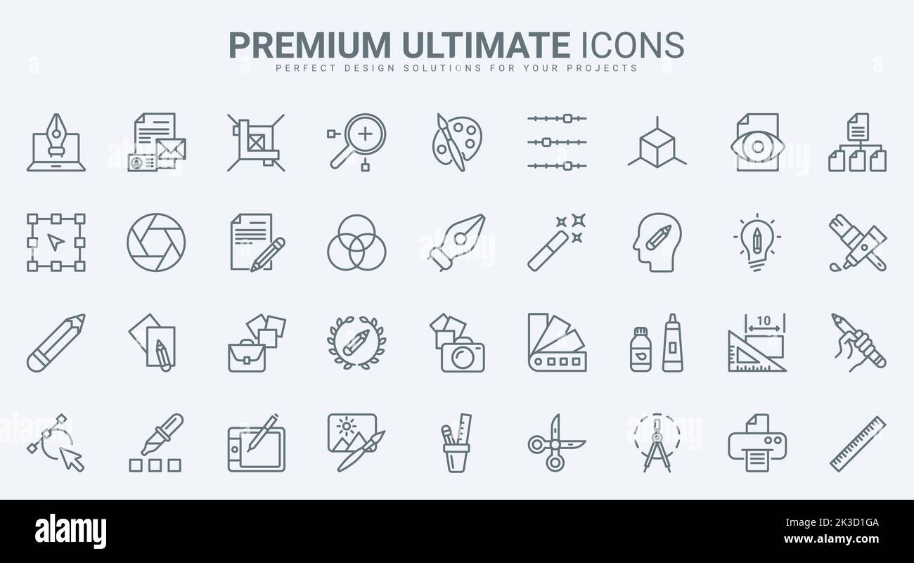 Graphic design thin line icons set vector illustration. Outline tools for creative projects of designer, software and stationery for interface panel in mobile app, pack for creators portfolio Stock Vector