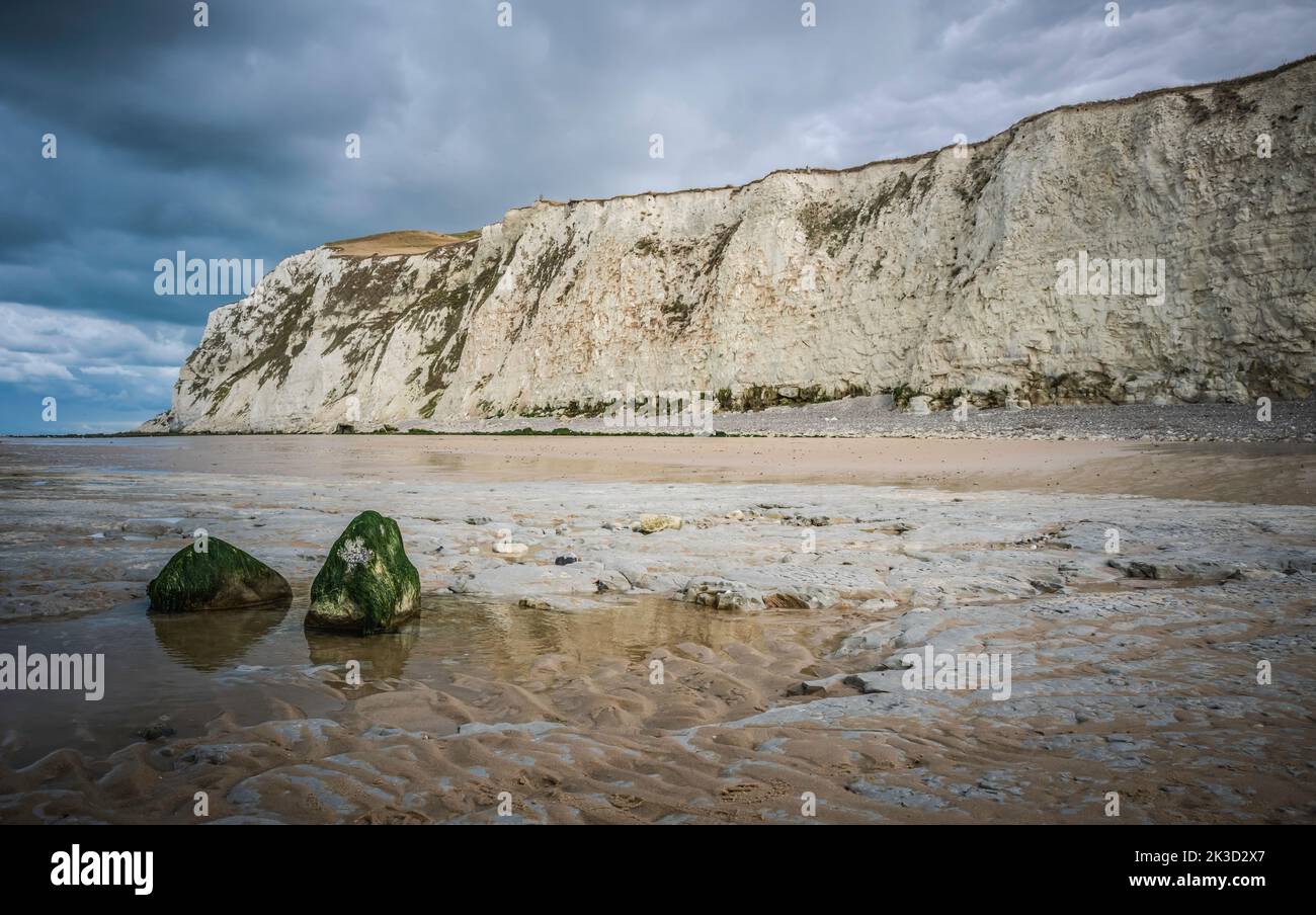 low tide on the beach of cap blanc nez in france with the white chalk cliffs Stock Photo