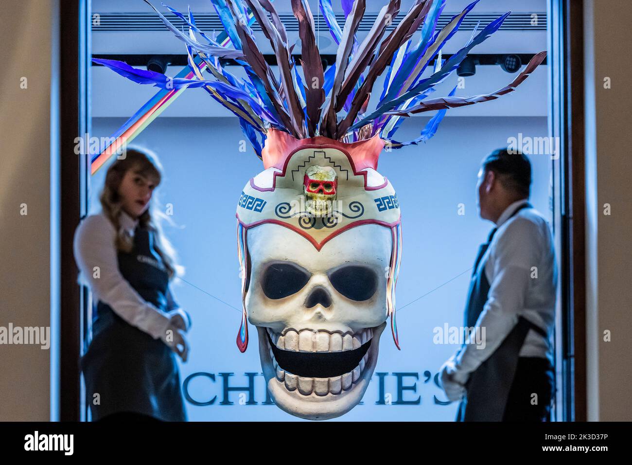 London, UK. 26th Sep, 2022. Spectre Day Of The Dead Parade Monumental 'Aztec' Skeleton Puppet, Estimate Gbp 4,000 - Gbp 6,000 - To mark the 60th anniversary of the James Bond films, Christie's and EON Productions are holding a charity sale, Sixty Years of James Bond including a total of 60 lots. The live sale (28th Sept) comprises vehicles, watches, costumes and props associated with the 25th film No Time To Die six lots offered celebrating each of the six James Bonds. The online sale is open for bidding until James Bond Day on 5 October presenting 35 lots. Credit: Guy Bell/Alamy Live News Stock Photo