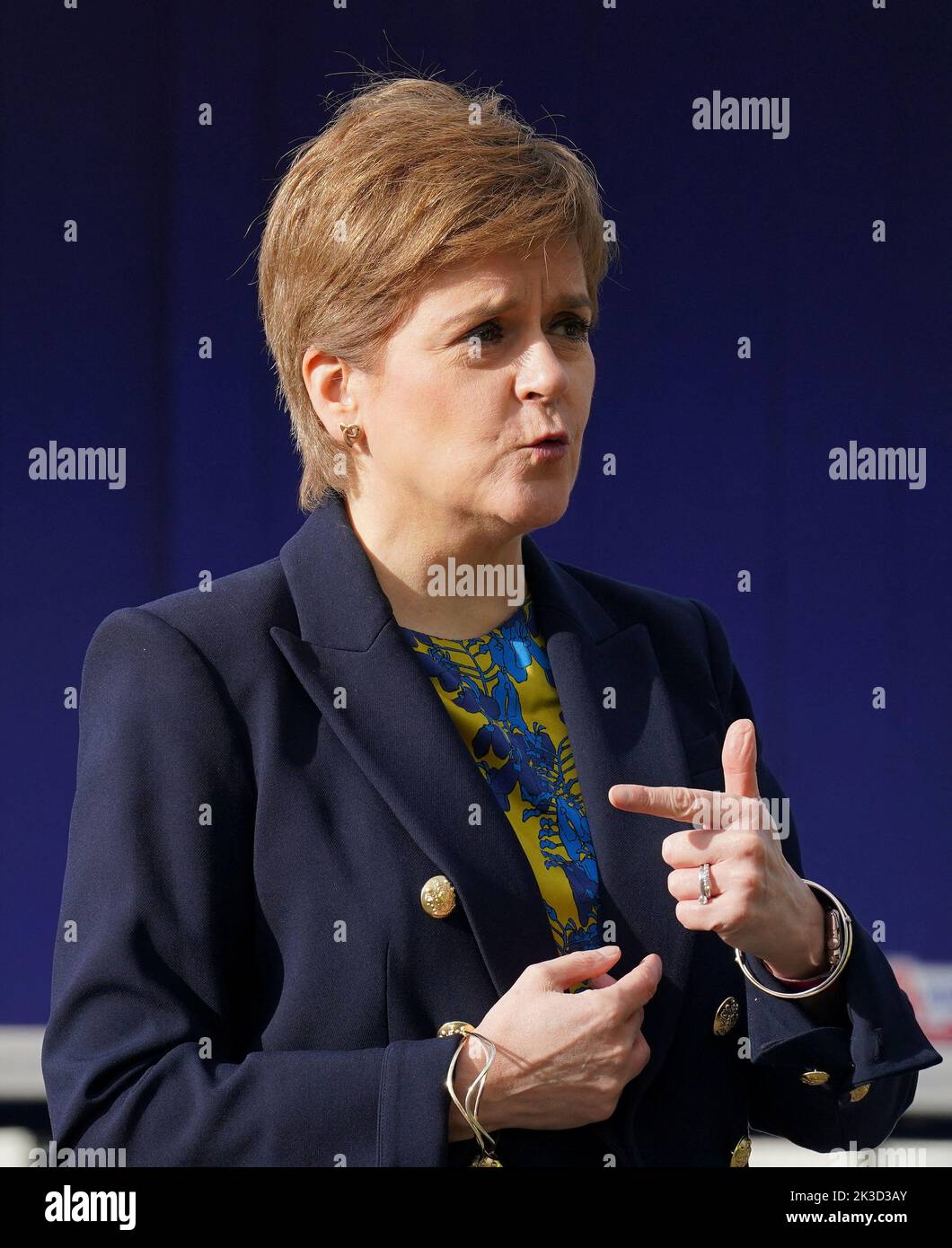 Scottish First Minister Nicola Sturgeon speaks to the media during a visit to Graham's The Family Dairy to mark the start of Scotland's Climate Week, as she announces funding to help companies decarbonise, in Bridge of Allan, Stirling, Scotland, Britain September 26, 2022. Andrew Milligan/Pool via REUTERS Stock Photo