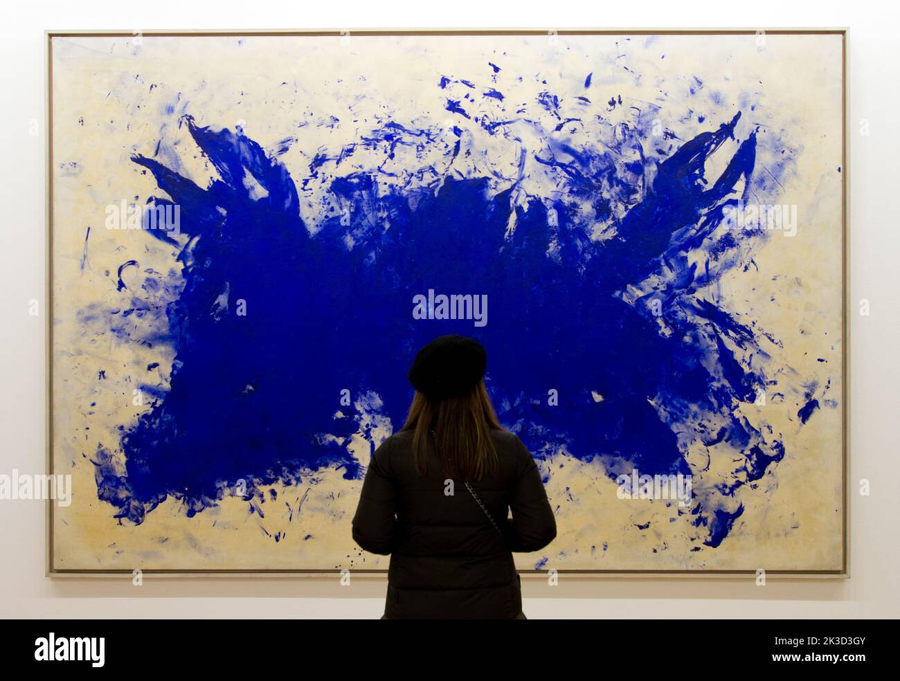 A lady looking at a piece by Yves Klein in the art gallery Stock Photo Alamy