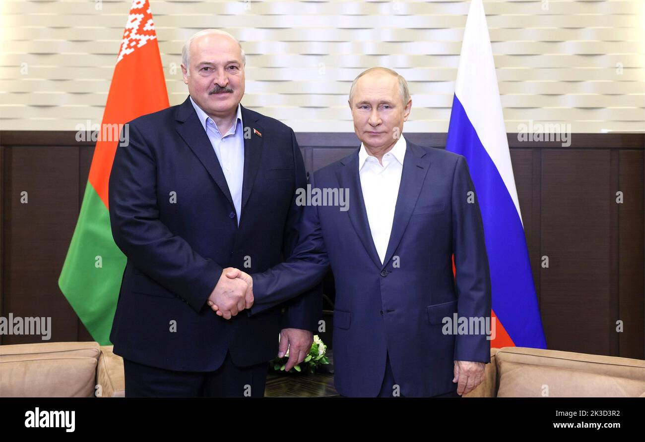 Moscow, Russia. 26th Sep, 2022. Russian President Vladimir Putin welcomes Belarus President Alexander Lukashenko, left, prior to their bilateral face-to-face meeting at the Bocharov Ruchei residence, September 26, 2022 in Sochi, Russia. Credit: Gavriil Grigorov/Kremlin Pool/Alamy Live News Stock Photo