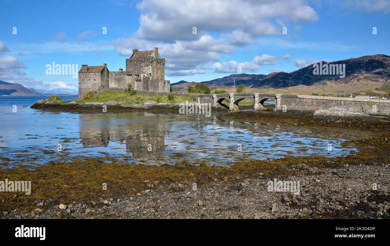 Eilean Donan Castle reflecting in the water, Dornie, Scotland, United Kingdom. Stock Photo