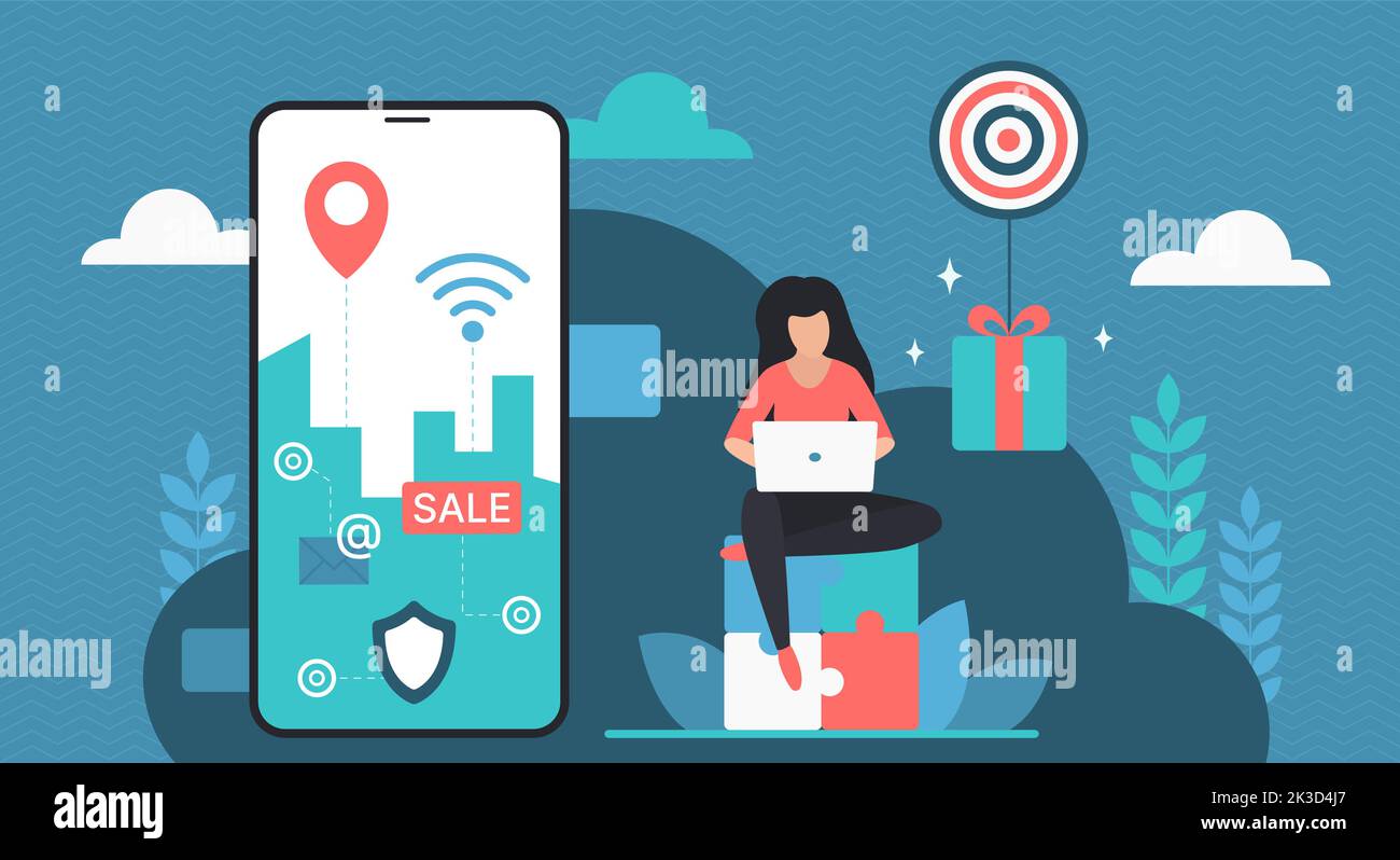Ecommerce, online shop sales and delivery vector illustration. Tiny customer sitting with laptop to buy in retail store, using mobile phone for gift and purchase orders tracking and location pin Stock Vector