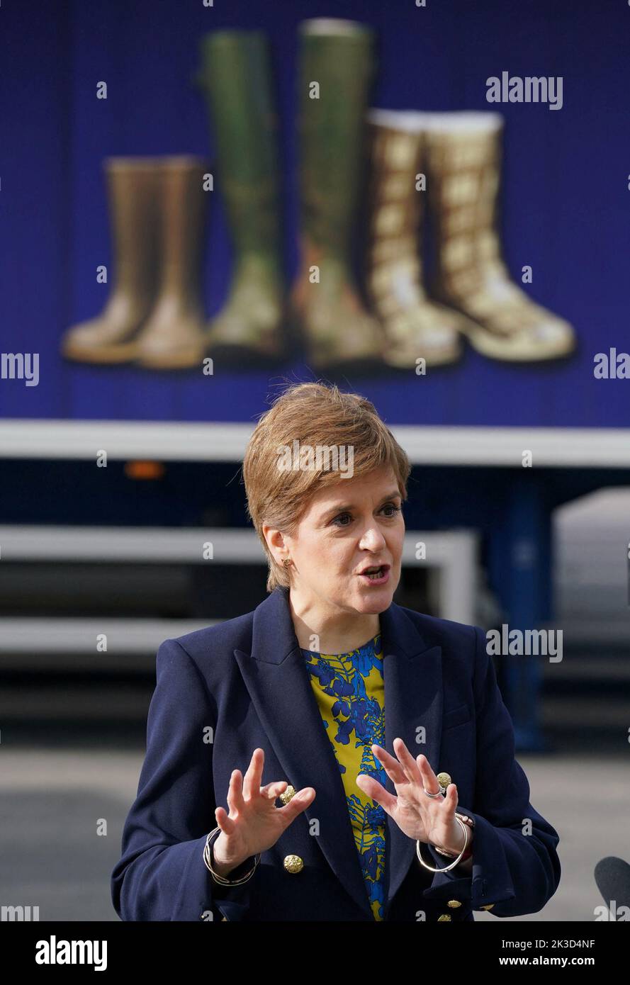 Scottish First Minister Nicola Sturgeon speaks to the media during a visit to Graham's The Family Dairy to mark the start of Scotland's Climate Week, as she announces funding to help companies decarbonise, in Bridge of Allan, Stirling, Scotland, Britain September 26, 2022. Andrew Milligan/Pool via REUTERS Stock Photo