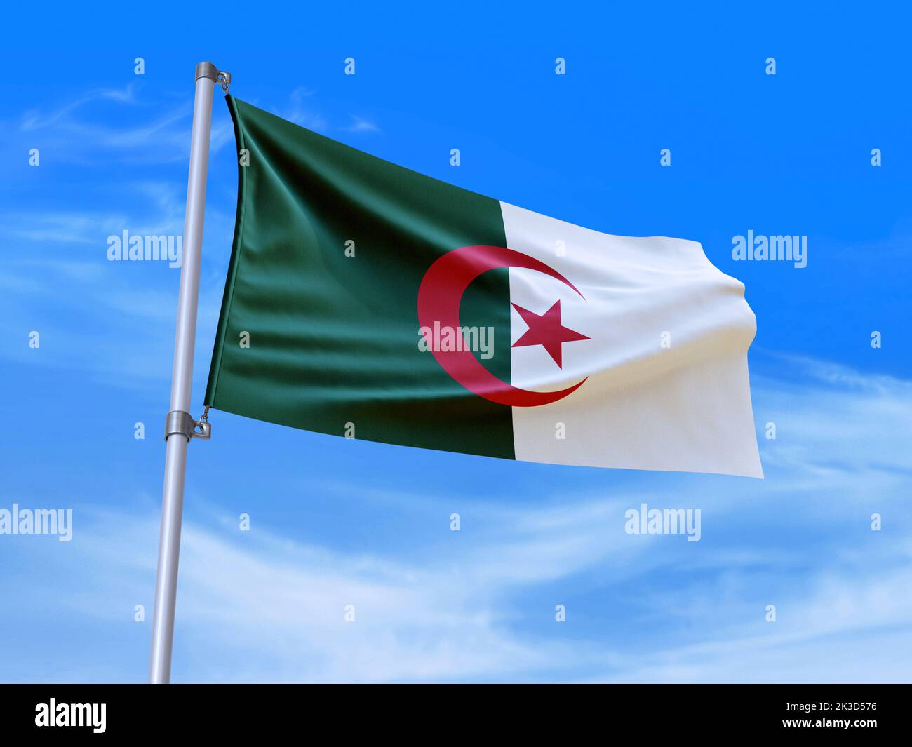 Beautiful Algeria flag waving with sky background - 3D illustration - 3D render Stock Photo