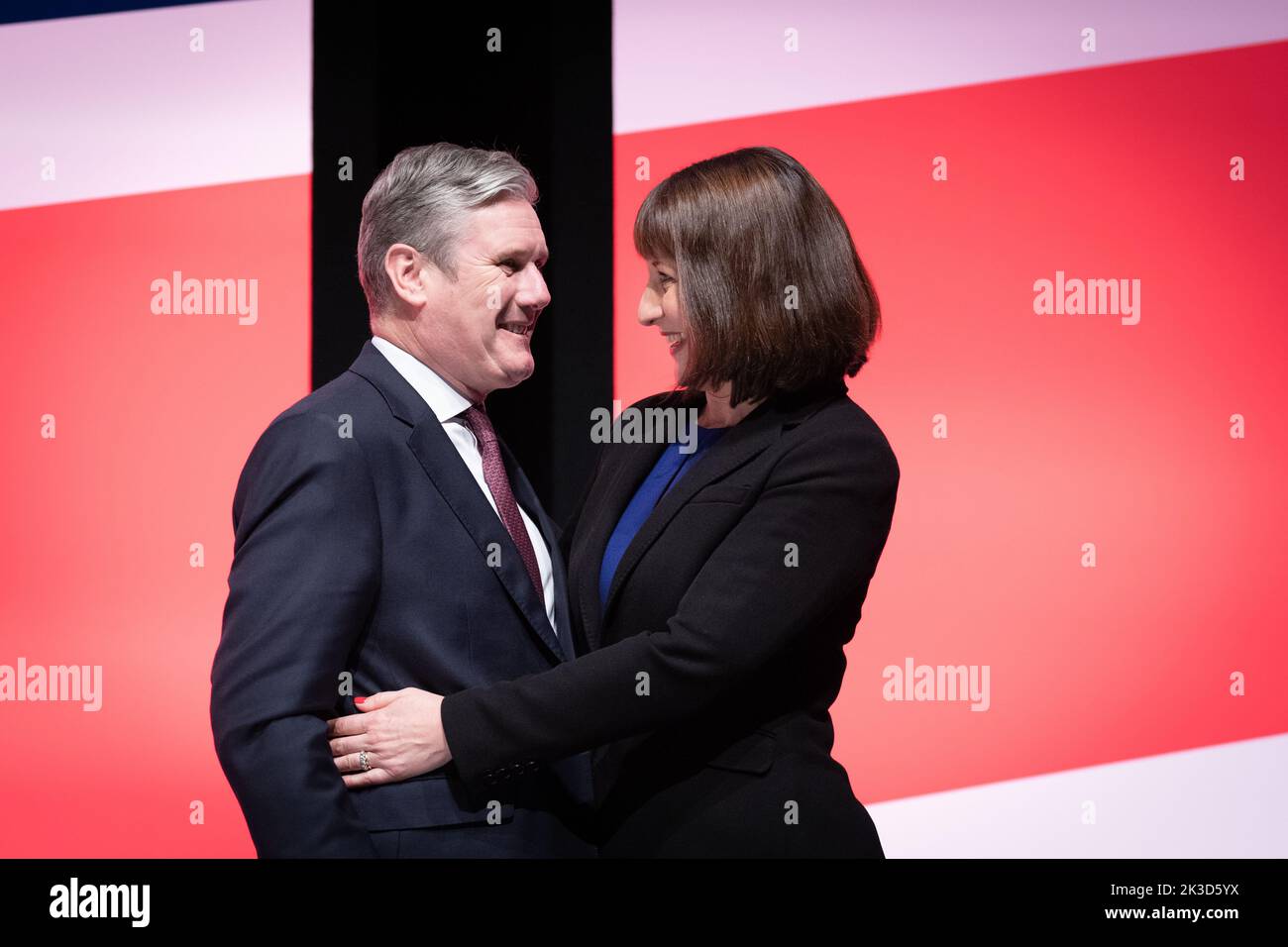 Shadow Chancellor of the Exchequer, Rachel Reeves is congratulated by Labour leader, Sir Keir Starmer after delivering her keynote speech to the Labour Party Conference in Liverpool. Picture date: Monday September 26, 2022. Stock Photo