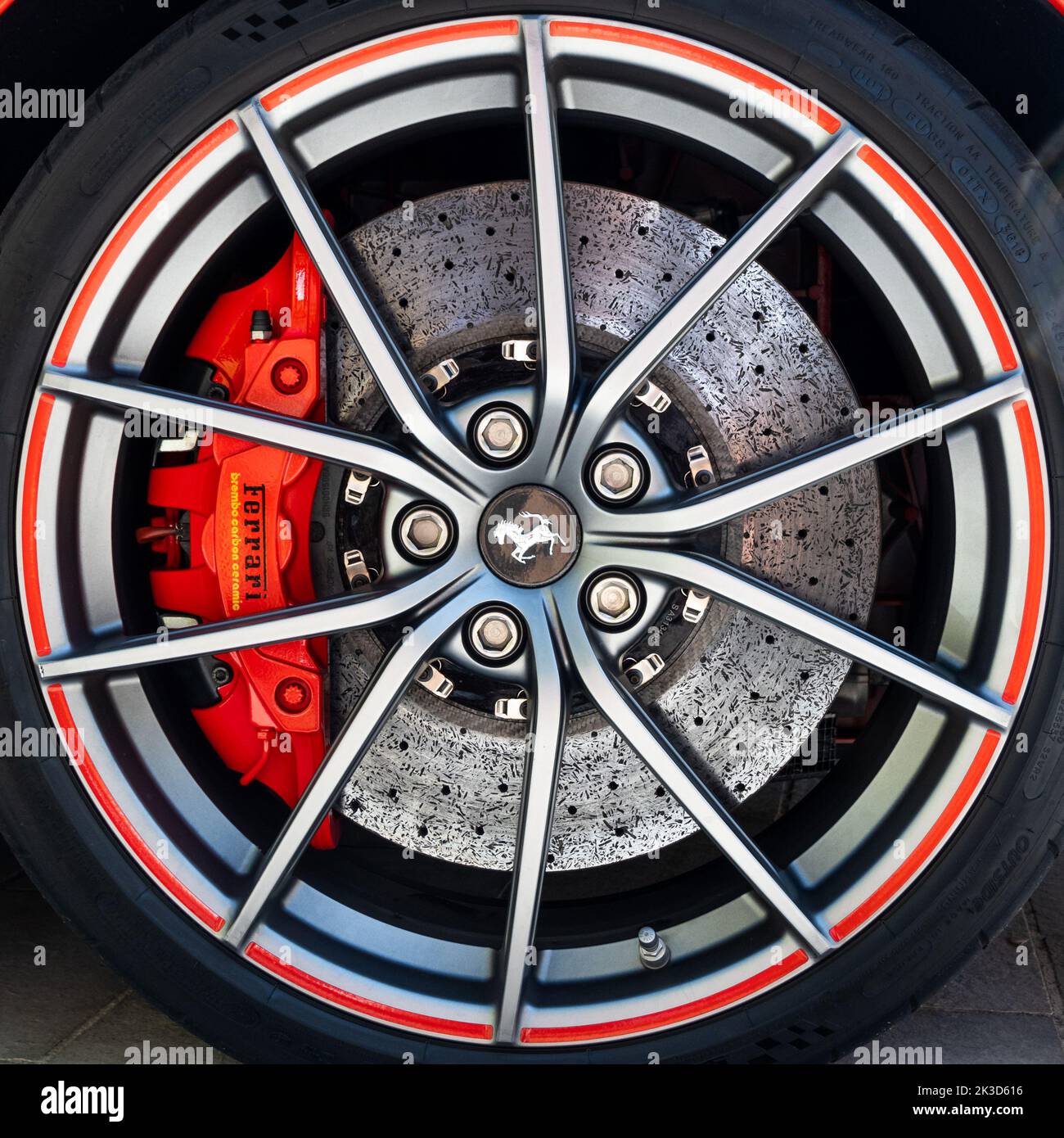 Detail of Ferrari alloy and Brembo disk Stock Photo