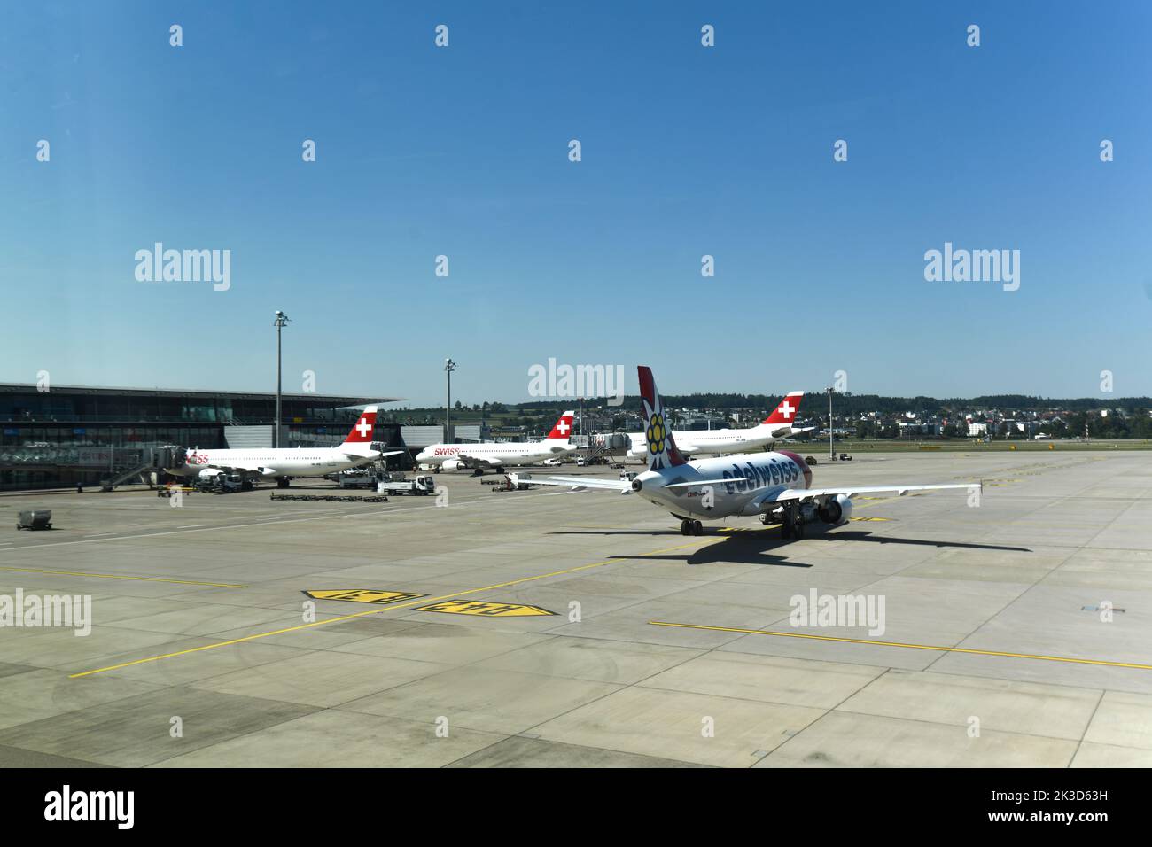 Swiss Air airplanes in Zurich Airport, Switzerland Stock Photo