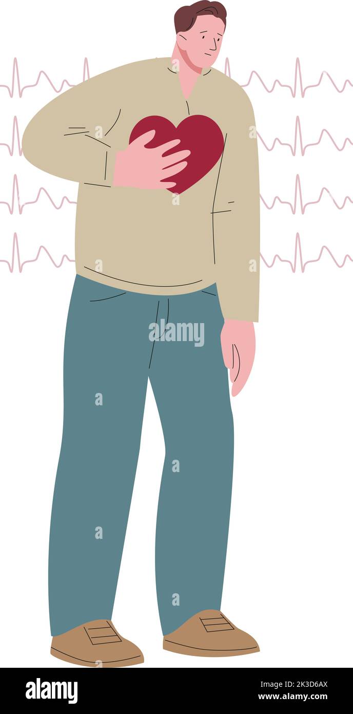 Heart attack vector concept. Cardiology, problems with heart. Man has pain in breast, line cardiogramma. Medicine and healthcare, hospital patient Stock Vector