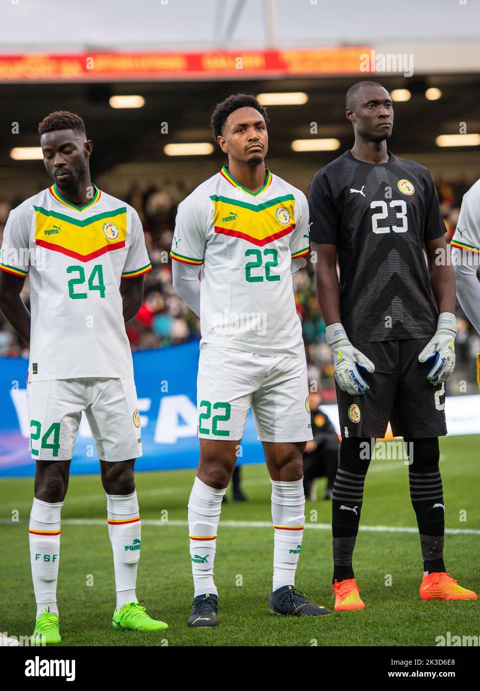 ORLEANS, FRANCE - SEPTEMBER 24: Moustapha Name, Abdou Diallo, Alfred Gomis of Senegal look on as the national anthems are played during the internatio Stock Photo