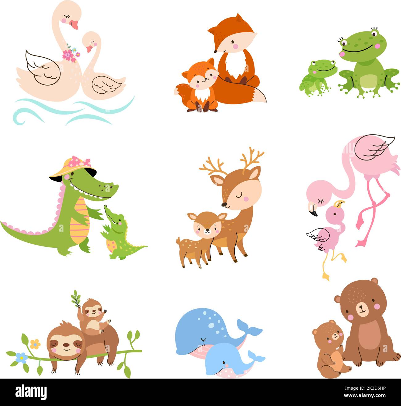 Cartoon cubs and mother animals. Mother elephant koala, wild cute baby. Animal and pets, funny family bird in love. Mom bear and swan nowaday vector Stock Vector