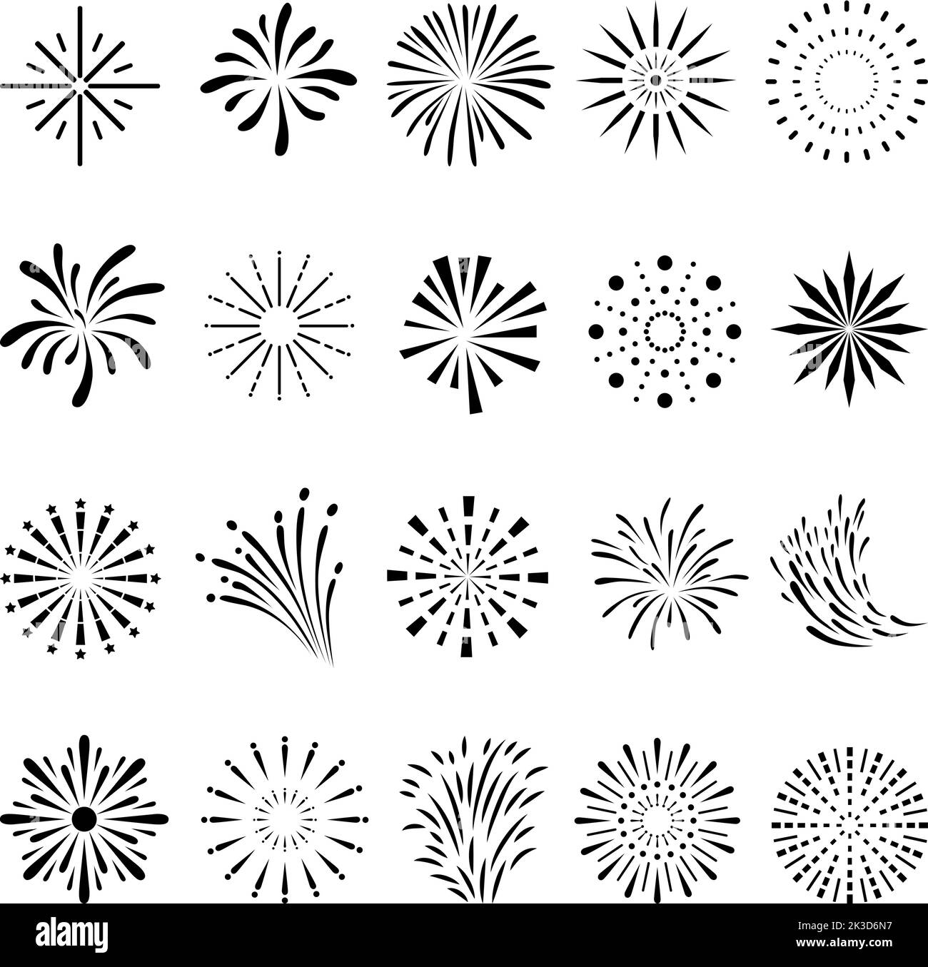 Flat fireworks black clipart. Exploding firework, celebration simple circle festive icons. New year carnival, anniversary or graduate graphic neoteric Stock Vector