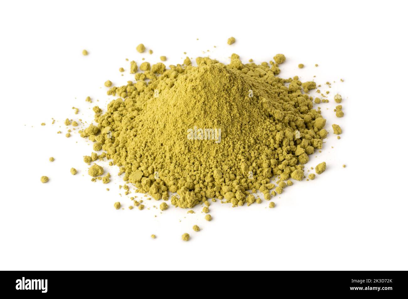 heap of dry henna powder, lawsonia inermis, powdered leaves from henna tree or mignonette or egyptian privet, dye preparing herb on white background Stock Photo