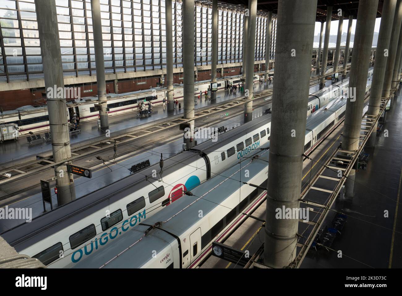 Madrid, Spain, September 2022. Panoramic view of the trains on the Atocha railway station platforms in the city center Stock Photo