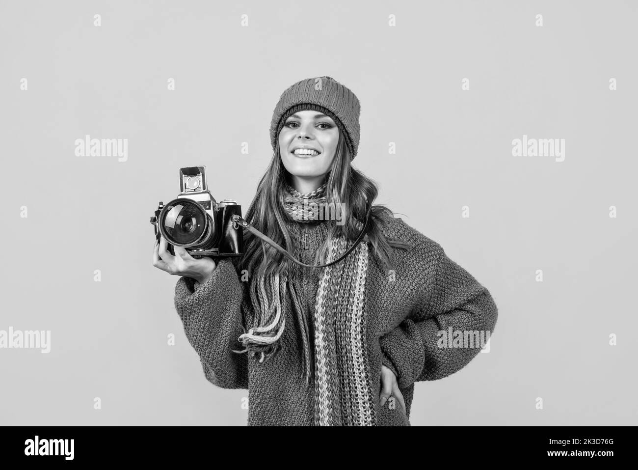 Happy lady in winter Black and White Stock Photos & Images - Alamy