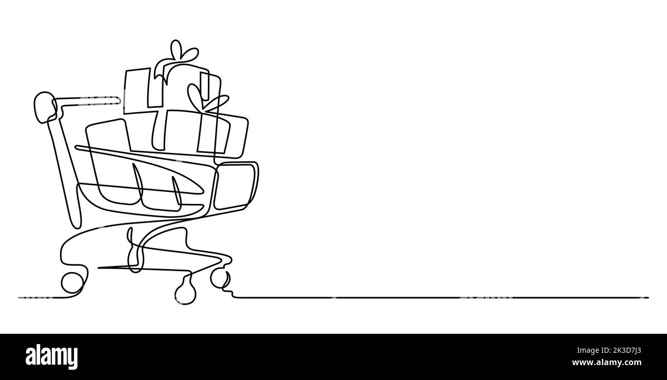 one line drawing of shopping cart with shopping bags and gift boxes
