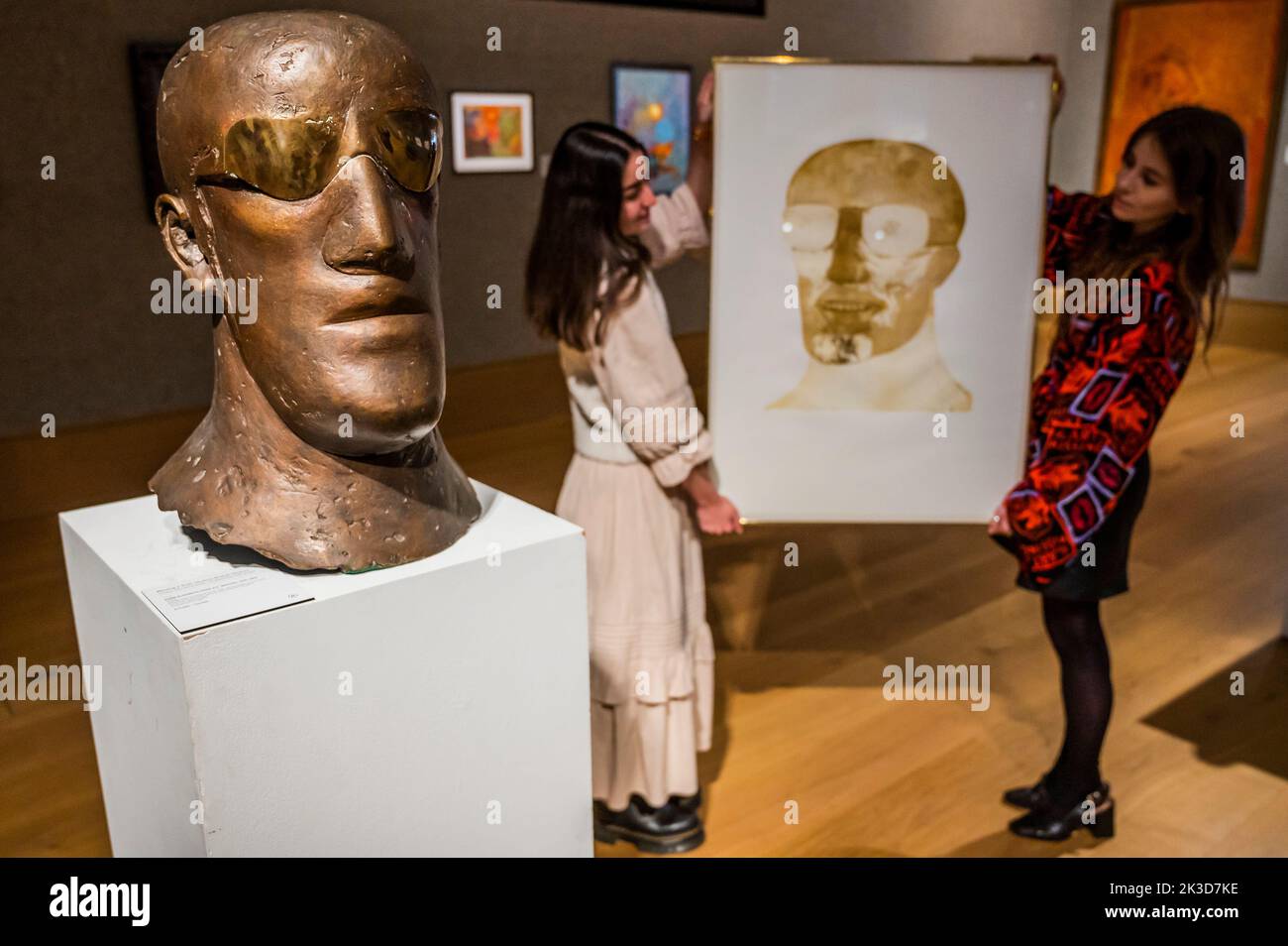 London, UK. 26th Sep, 2022. Head by Elisabeth Frink, estimated at £70,000-100,000 with Goggled Herad, also by her, ewst £1000-1500 - The Blazing a Trail: Modern British Women sale at Bonhams New Bond Street. The aim of which is to introduce collectors to the wealth of British 20th century women artists. The sale itself will take place on 28 September in London Credit: Guy Bell/Alamy Live News Stock Photo