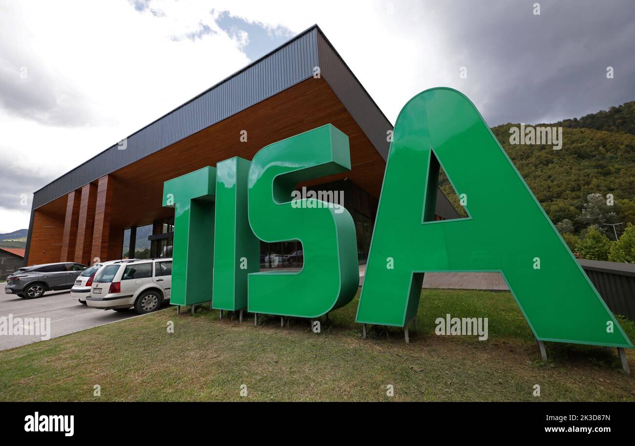The Tisa Komerc logo is seen in front of the company premises in Zepce, Bosnia, September 21, 2022. REUTERS/Dado Ruvic Stock Photo