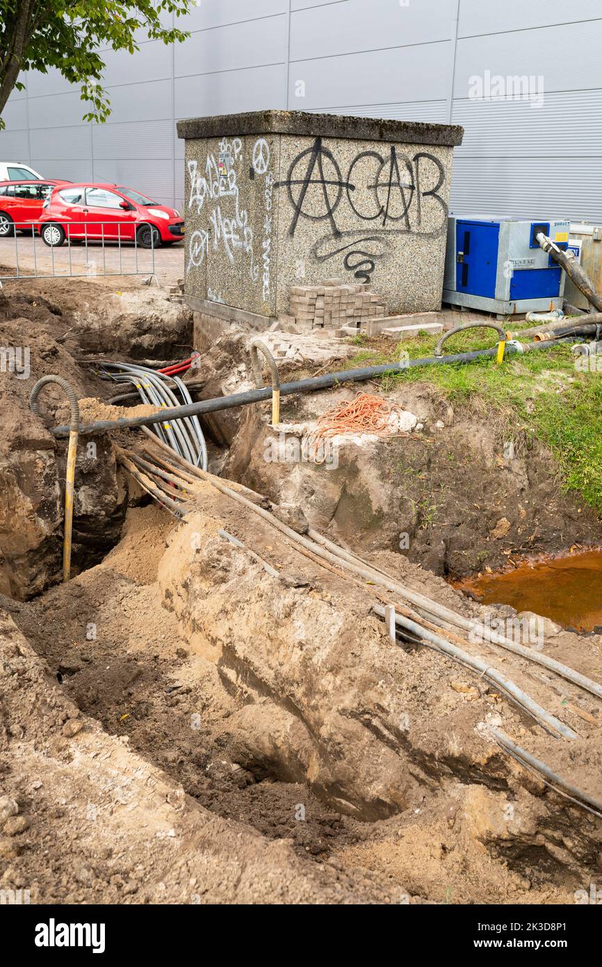 Groundwork with cables for electricity in the Netherlands Stock Photo