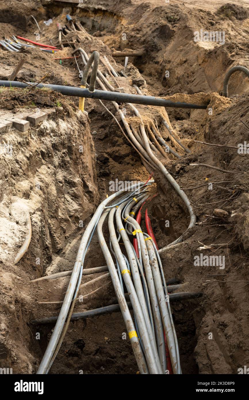 Groundwork with cables for electricity in the Netherlands Stock Photo