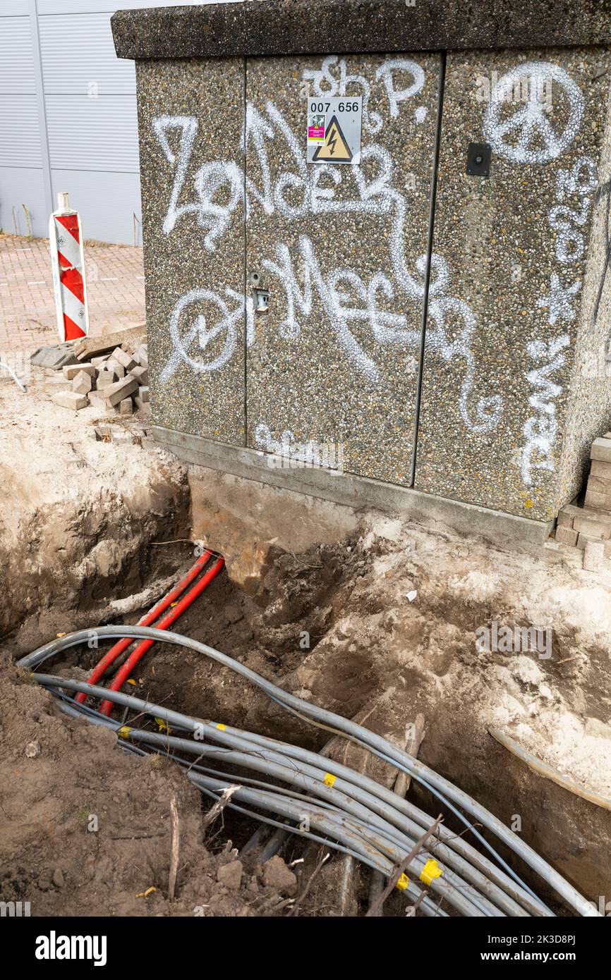 Groundwork with cables for electricity in the Netherlands Stock Photo