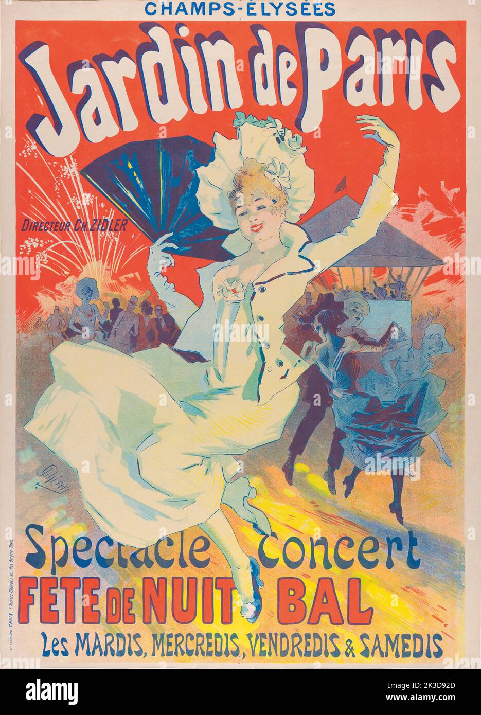 A poster from 1890 for concerts at the Jardin de Paris on the Champs-Elysees, Paris, France.  After a work by Jules Cheret. Stock Photo