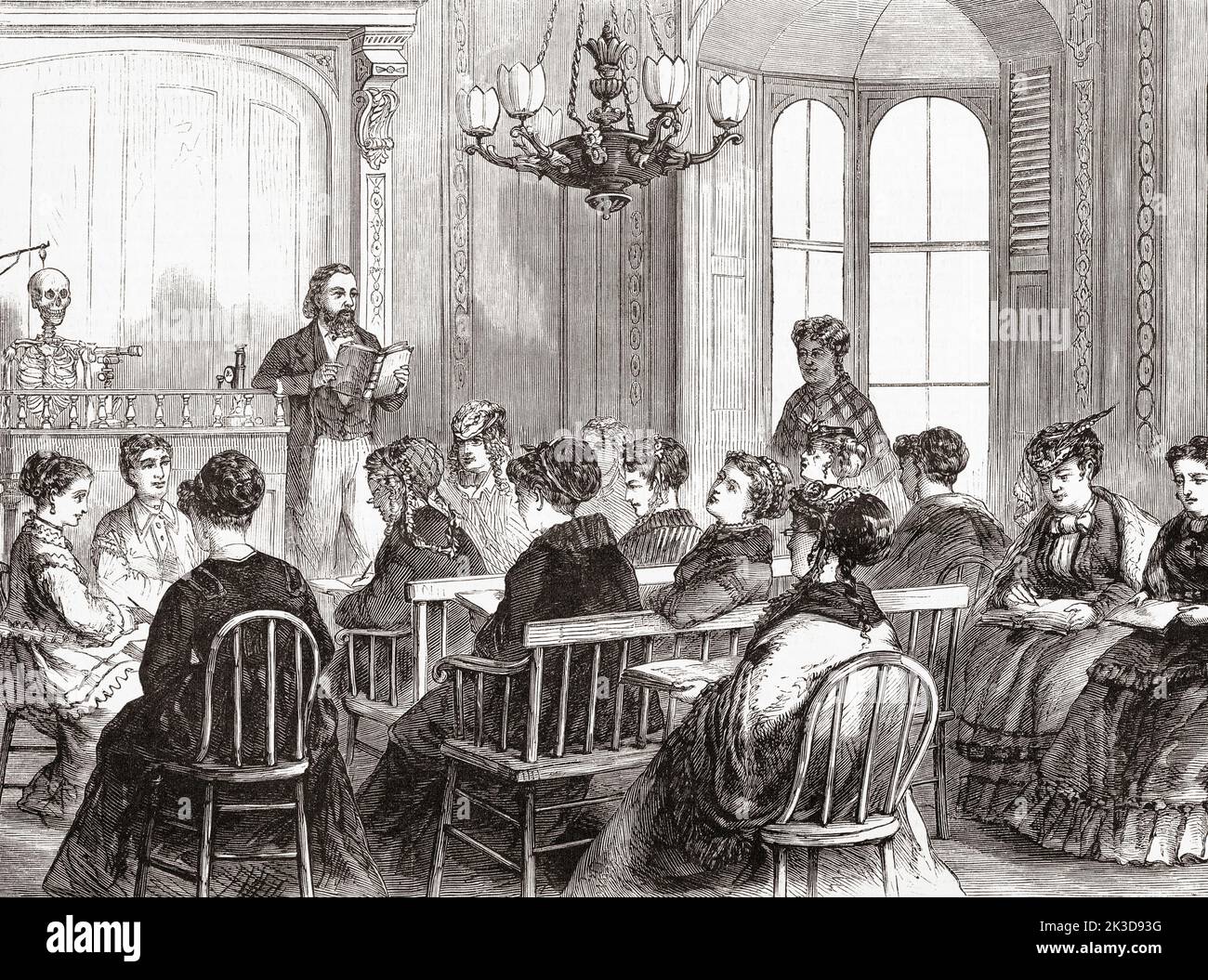 Women students attend a lecture in the general lecture room at the Medical College for Women on East Twelfth Street and Second Avenue, New York, USA.  After an illustration from an 1870 edition of Frank Leslie's Illustrated Newspaper. Stock Photo
