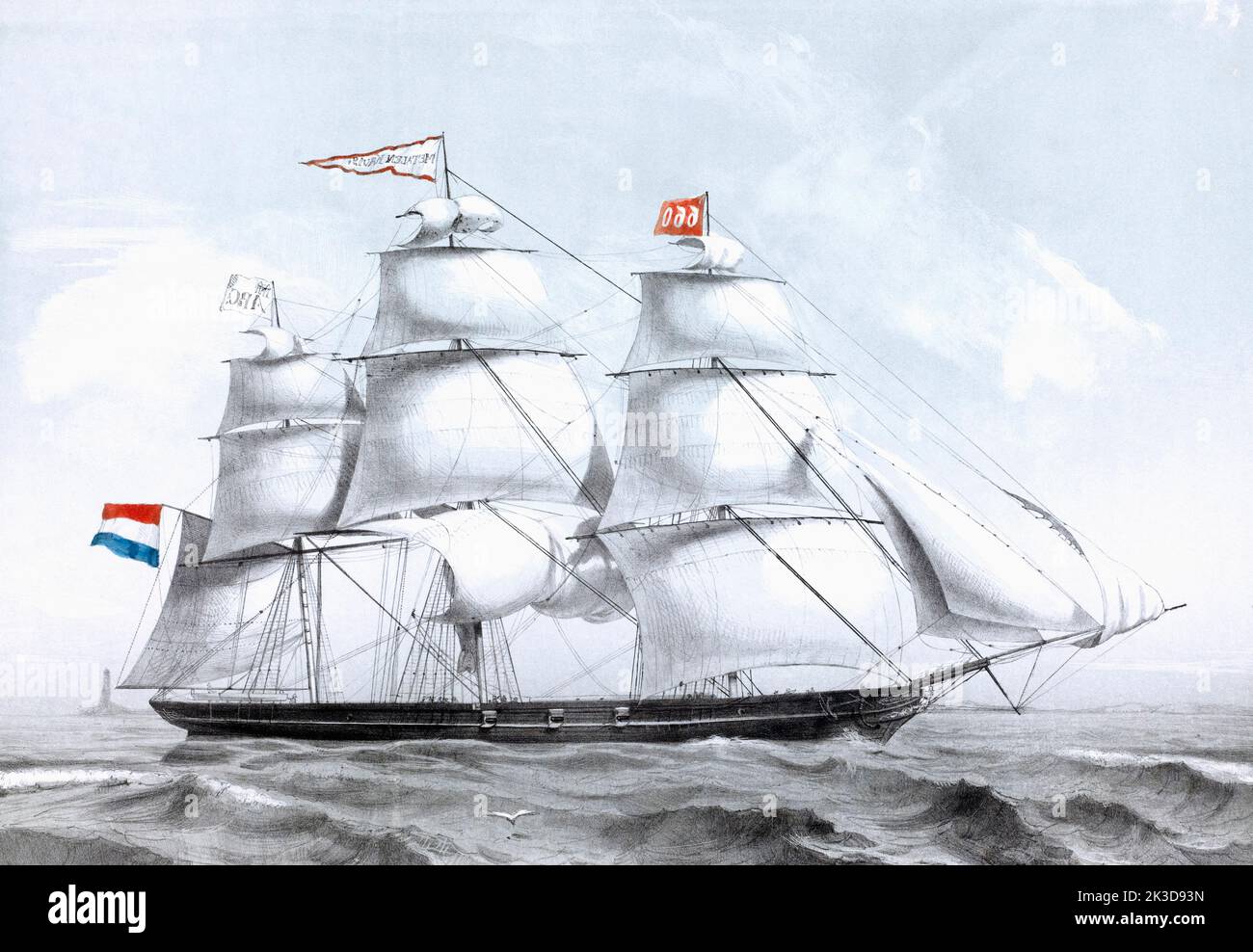 The Dutch clipper Metalen Kruis under full sail.  After a work by Charles Binger published in 1856. Stock Photo