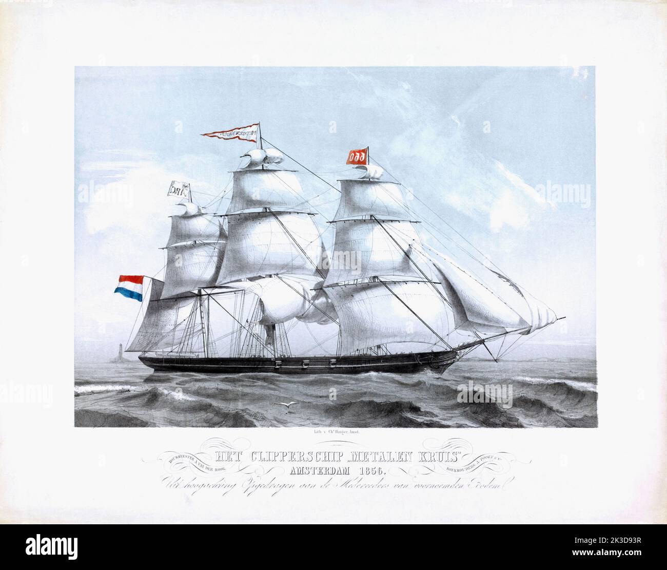 The Dutch clipper Metalen Kruis under full sail.  After a work by Charles Binger published in 1856. Stock Photo