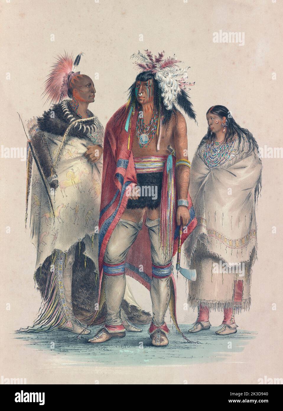 North American Indians.  From left to right: Osage warrior; Iroquois warrior, Pawnee woman.  From Catlin's North American Indian Portfolio, published in London 1844 by the artist, American adventurer George Catlin, 1796 - 1872.  During many journeys Catlin recorded with pen and brush the customs and life-styles of Native American tribes. Stock Photo