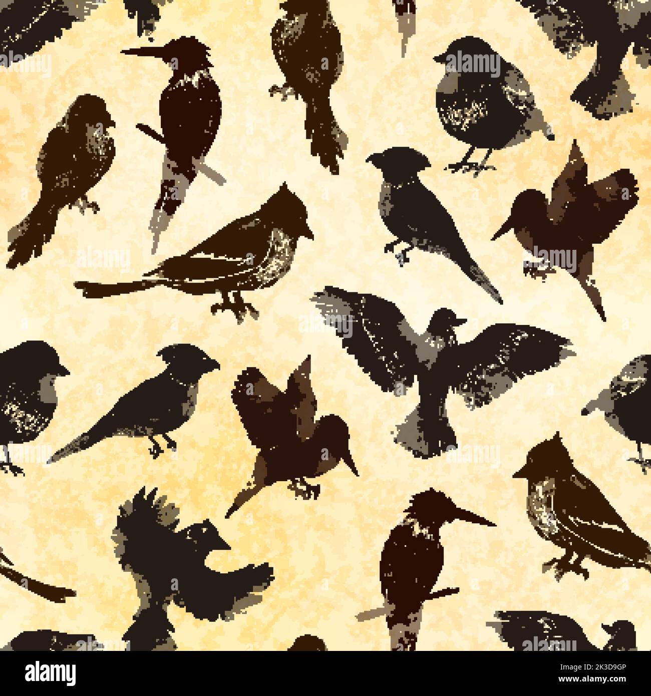 Lot of birds of different species in linocut retro style, vintage seamless pattern on old paper Stock Vector
