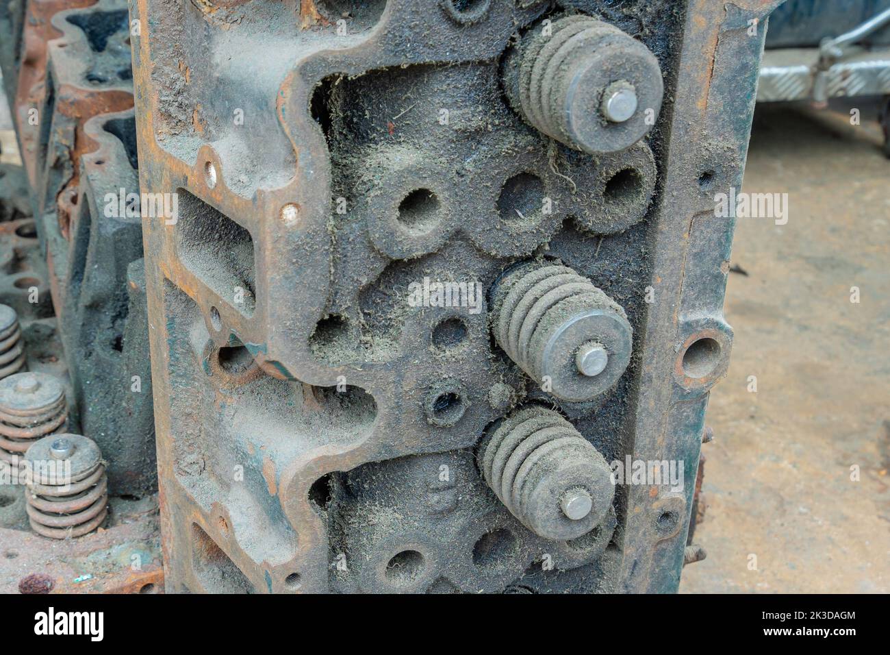 Old oil stains on pistons in the eight engine blocks or called cylinder block used for vessel boat. Stock Photo