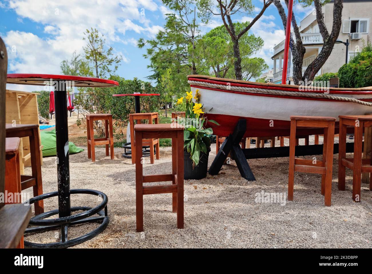 Wooden boat beach cafe view, Island of Krk, Croatia Stock Photo