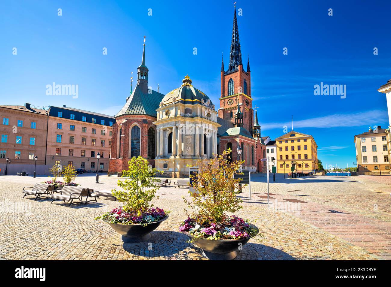 Riddarholmen Church and scenic square in Stockholm street view, capital of Sweden Stock Photo