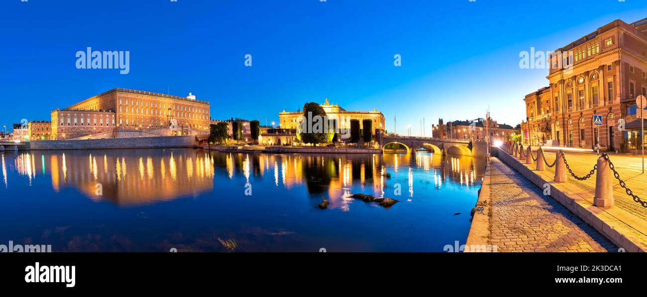 Evening panoramic view of Stockholm famous landmarks, Royal palace, Parliament and Opera house, capital of Sweden Stock Photo